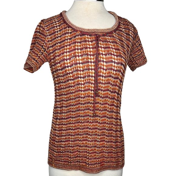 Sabra knit sweater pull over stretch nautical brown short sleeve round neck - Picture 2 of 11